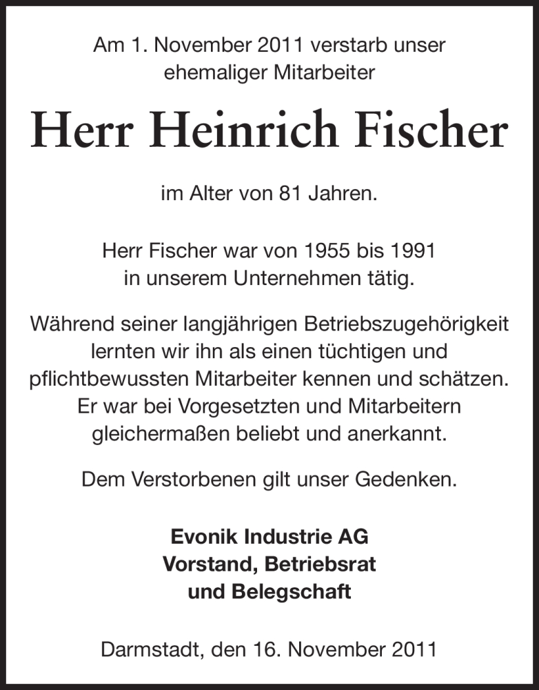  Traueranzeige für Heinrich Fischer vom 16.11.2011 aus Echo-Zeitungen (Gesamtausgabe)