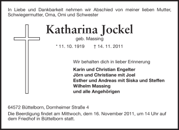Traueranzeige von Katharina Jockel von Rüsselsheimer Echo, Groß-Gerauer-Echo, Ried Echo