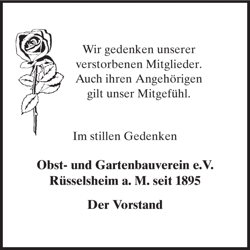  Traueranzeige für Mitglieder Obst- und Gartenbauverein Rüsselsheim vom 19.11.2011 aus Rüsselsheimer Echo, Groß-Gerauer-Echo, Ried Echo
