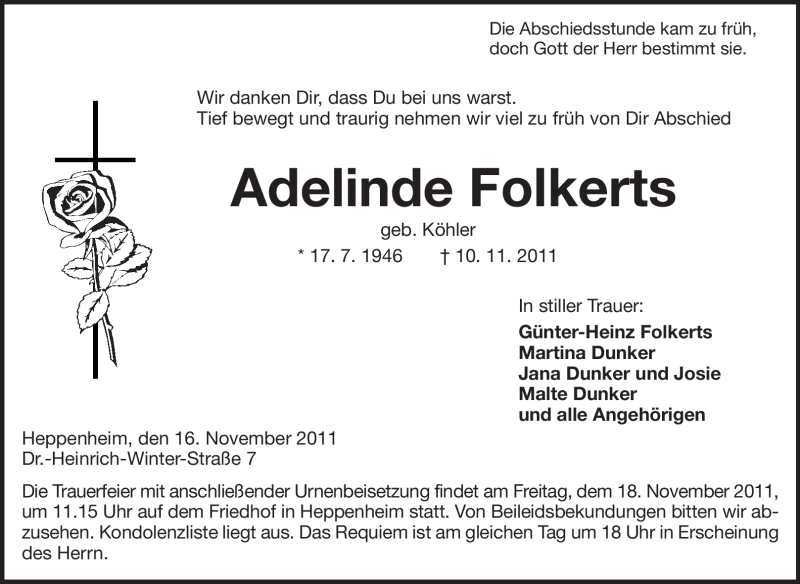  Traueranzeige für Adelinde Folkerts vom 16.11.2011 aus Starkenburger Echo