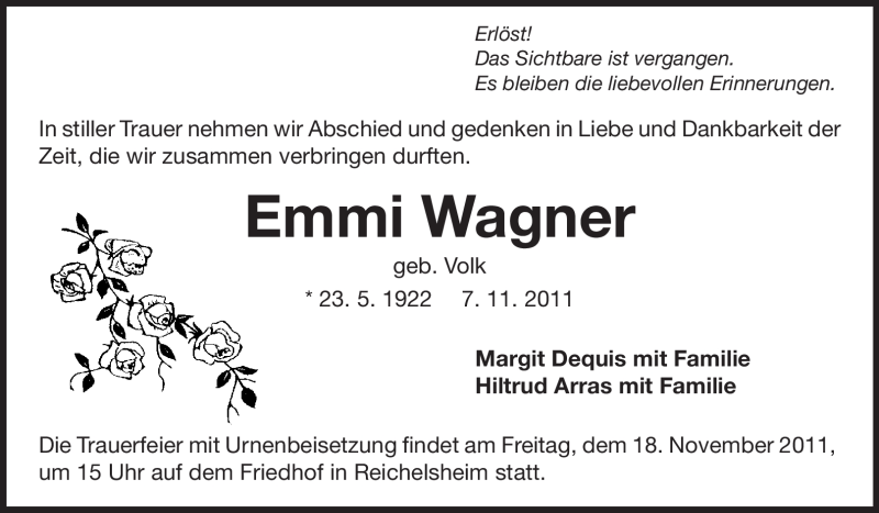  Traueranzeige für Emmi Wagner vom 16.11.2011 aus Odenwälder Echo