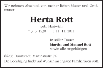 Traueranzeige von Herta Rott von Darmstädter Echo, Odenwälder Echo, Rüsselsheimer Echo, Groß-Gerauer-Echo, Ried Echo