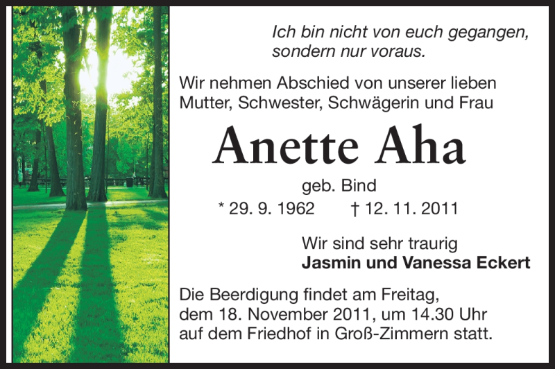  Traueranzeige für Anette Aha vom 16.11.2011 aus Echo-Zeitungen (Gesamtausgabe)