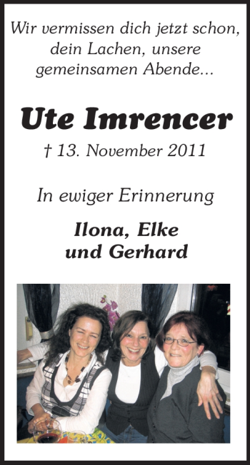Traueranzeige von Ute Imrencer von Rüsselsheimer Echo, Groß-Gerauer-Echo, Ried Echo
