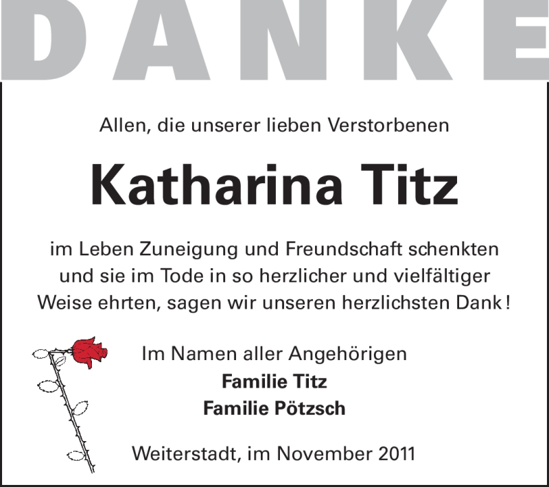  Traueranzeige für Katharina Titz vom 19.11.2011 aus Echo-Zeitungen (Gesamtausgabe)