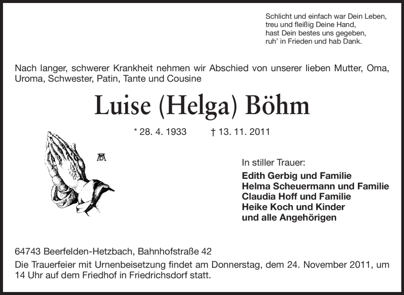  Traueranzeige für Luise Helga Böhm vom 19.11.2011 aus Odenwälder Echo