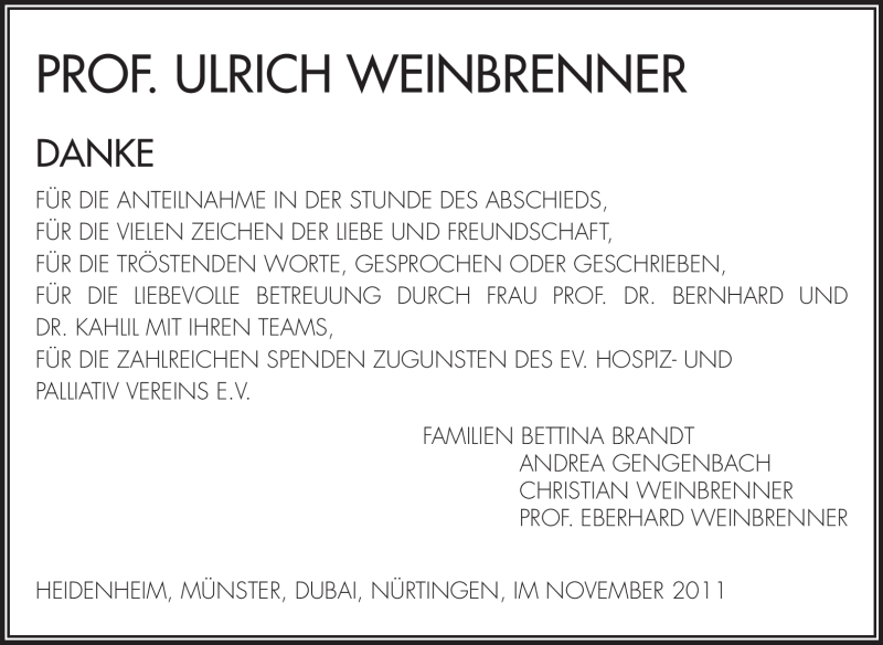  Traueranzeige für Ulrich Weinbrenner vom 19.11.2011 aus Echo-Zeitungen (Gesamtausgabe)