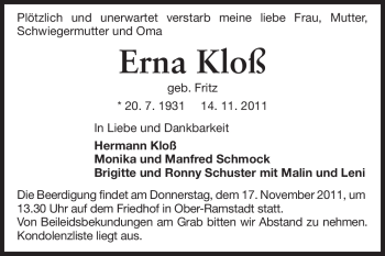 Traueranzeige von Erna Kloß von Echo-Zeitungen (Gesamtausgabe)