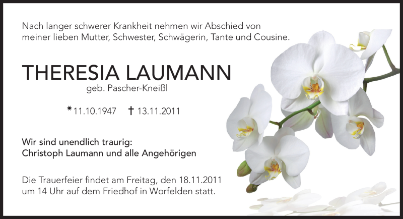 Traueranzeige für Theresia Laumann vom 16.11.2011 aus Echo-Zeitungen (Gesamtausgabe)