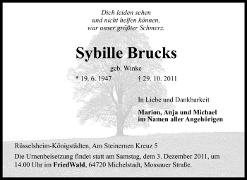 Traueranzeige von Sybille Brucks von Rüsselsheimer Echo, Groß-Gerauer-Echo, Ried Echo