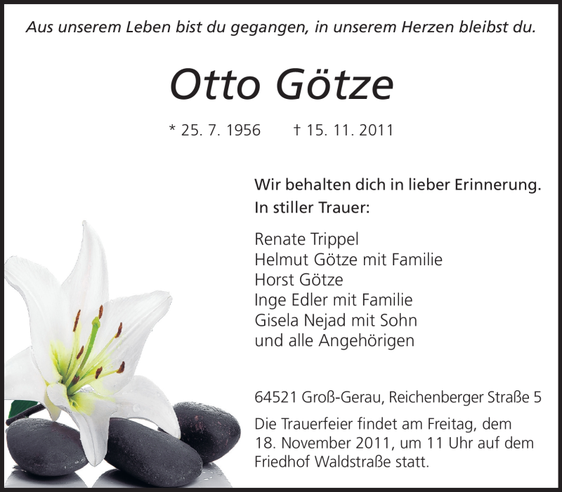  Traueranzeige für Otto Götze vom 17.11.2011 aus Rüsselsheimer Echo, Groß-Gerauer-Echo, Ried Echo