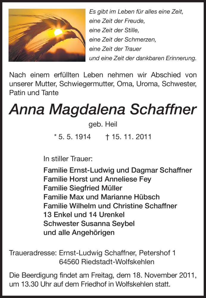  Traueranzeige für Anna Magdalena Schaffner vom 17.11.2011 aus Rüsselsheimer Echo, Groß-Gerauer-Echo, Ried Echo