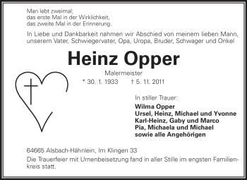Traueranzeige von Heinz Opper von Echo-Zeitungen (Gesamtausgabe)