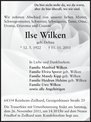 Traueranzeige von Ilse Wilken von Echo-Zeitungen (Gesamtausgabe)