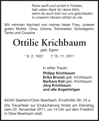 Traueranzeige von Ottilie Krichbaum von Echo-Zeitungen (Gesamtausgabe)
