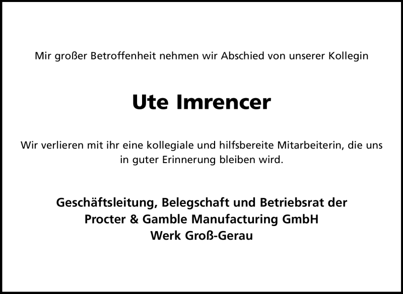  Traueranzeige für Ute Imrencer vom 18.11.2011 aus Rüsselsheimer Echo, Groß-Gerauer-Echo, Ried Echo