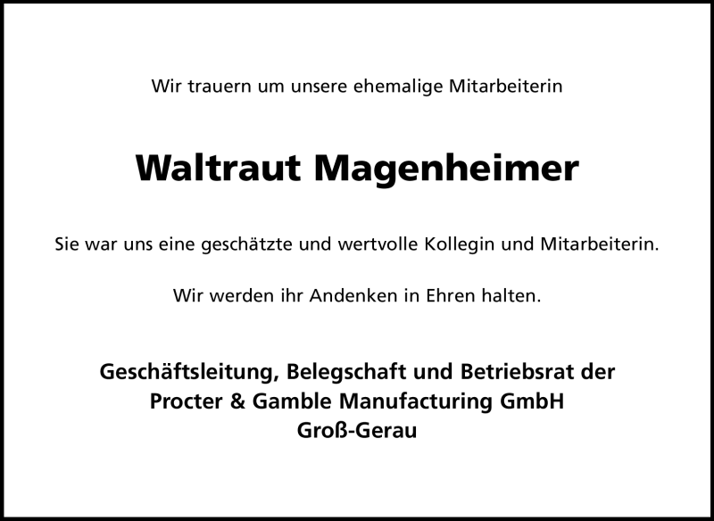  Traueranzeige für Waltraud Magenheimer vom 21.11.2011 aus Rüsselsheimer Echo, Groß-Gerauer-Echo, Ried Echo