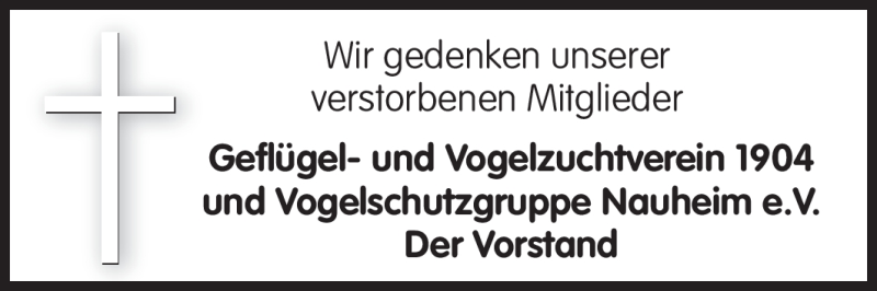  Traueranzeige für Mitglieder Geflügel- und Vogelzuchtverein Nauheim vom 19.11.2011 aus Rüsselsheimer Echo, Groß-Gerauer-Echo, Ried Echo