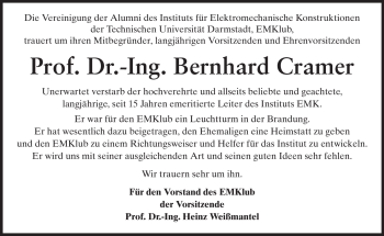 Traueranzeige von Bernhard Cramer von Echo-Zeitungen (Gesamtausgabe)