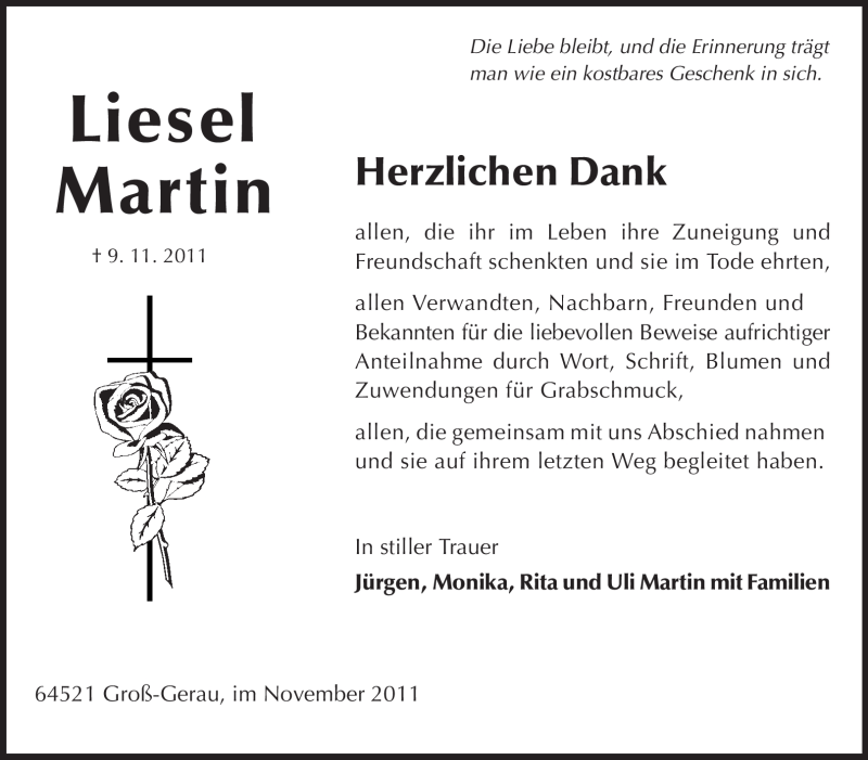  Traueranzeige für Liesel Martin vom 19.11.2011 aus Rüsselsheimer Echo, Groß-Gerauer-Echo, Ried Echo