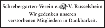 Traueranzeige von Mitglieder Schrebergarten-Verein Rüsselsheim von Rüsselsheimer Echo, Groß-Gerauer-Echo, Ried Echo