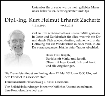 Traueranzeige von Kurt Helmut Erhardt Zachertz von Echo-Zeitungen (Gesamtausgabe)