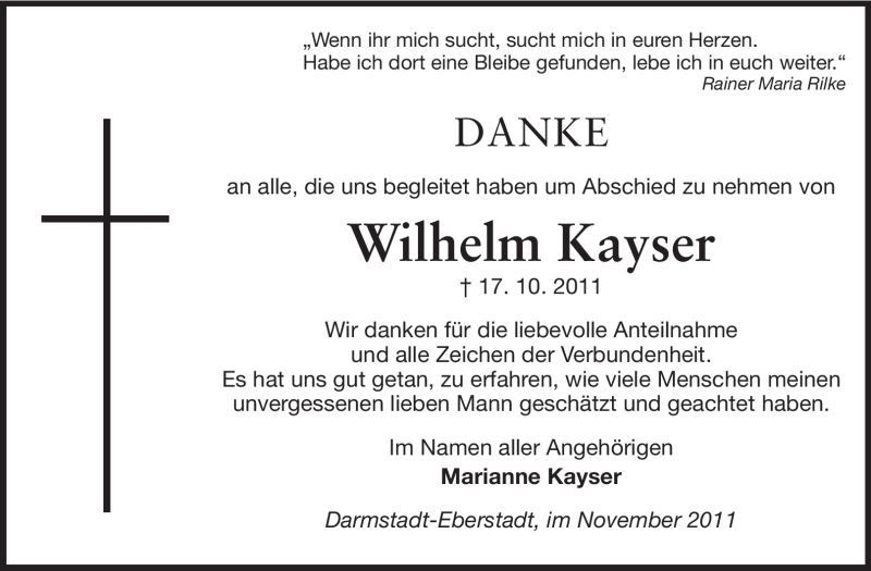  Traueranzeige für Wilhelm Kayser vom 19.11.2011 aus Echo-Zeitungen (Gesamtausgabe)