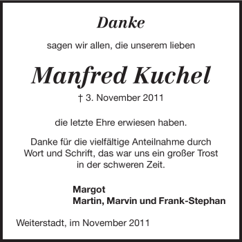 Traueranzeige von Manfred Kuchel von Darmstädter Echo, Odenwälder Echo, Rüsselsheimer Echo, Groß-Gerauer-Echo, Ried Echo