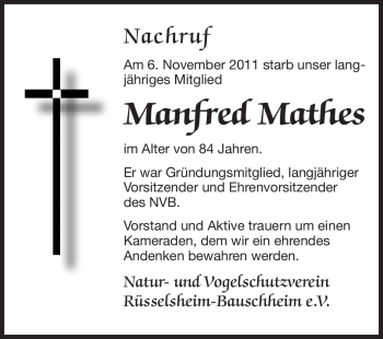 Traueranzeige von Manfred Mathes von Rüsselsheimer Echo, Groß-Gerauer-Echo, Ried Echo