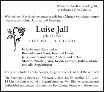 Traueranzeige von Luise Jall von Echo-Zeitungen (Gesamtausgabe)