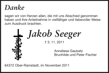 Traueranzeige von Jakob Seeger von Echo-Zeitungen (Gesamtausgabe)