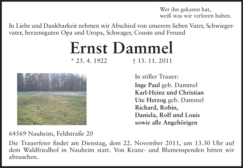  Traueranzeige für Ernst Dammel vom 19.11.2011 aus Rüsselsheimer Echo, Groß-Gerauer-Echo, Ried Echo