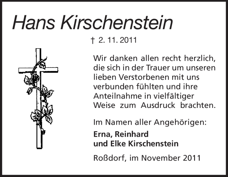  Traueranzeige für Hans Kirschenstein vom 19.11.2011 aus Darmstädter Echo, Odenwälder Echo, Rüsselsheimer Echo, Groß-Gerauer-Echo, Ried Echo