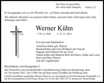 Traueranzeige von Werner Kühn von Rüsselsheimer Echo, Groß-Gerauer-Echo, Ried Echo