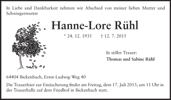 Traueranzeige von Hanne-Lore Rühl von Echo-Zeitungen (Gesamtausgabe)
