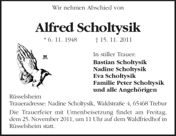 Traueranzeige von Alfred Scholtysik von Rüsselsheimer Echo, Groß-Gerauer-Echo, Ried Echo