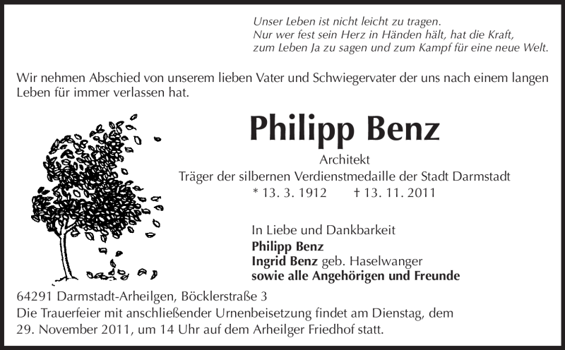  Traueranzeige für Philipp Benz vom 19.11.2011 aus Echo-Zeitungen (Gesamtausgabe)