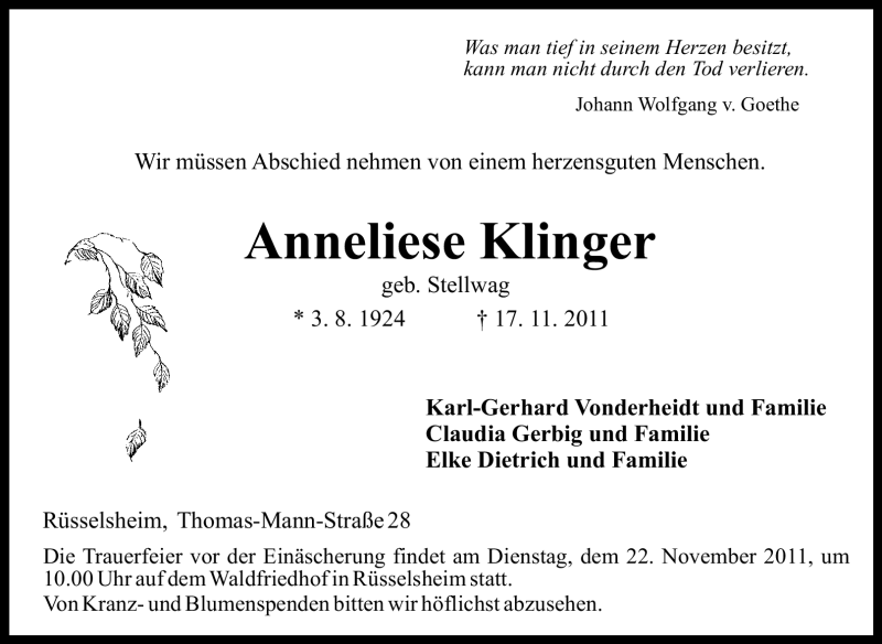  Traueranzeige für Anneliese Klinger vom 19.11.2011 aus Rüsselsheimer Echo, Groß-Gerauer-Echo, Ried Echo