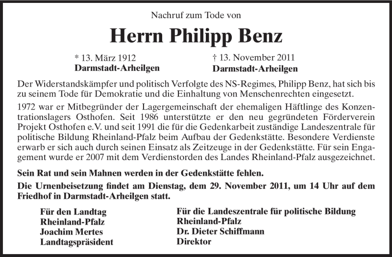  Traueranzeige für Philipp Benz vom 19.11.2011 aus Echo-Zeitungen (Gesamtausgabe)