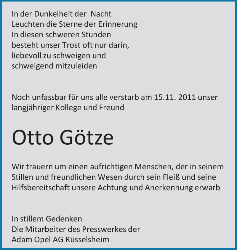  Traueranzeige für Otto Götze vom 19.11.2011 aus Rüsselsheimer Echo, Groß-Gerauer-Echo, Ried Echo