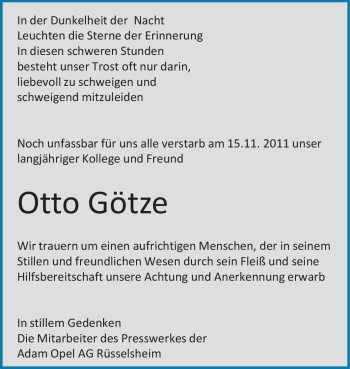 Traueranzeige von Otto Götze von Rüsselsheimer Echo, Groß-Gerauer-Echo, Ried Echo