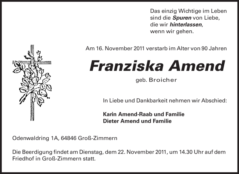  Traueranzeige für Frankziska Amend vom 19.11.2011 aus Echo-Zeitungen (Gesamtausgabe)