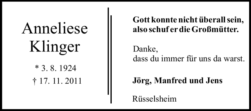  Traueranzeige für Anneliese Klinger vom 19.11.2011 aus Rüsselsheimer Echo, Groß-Gerauer-Echo, Ried Echo