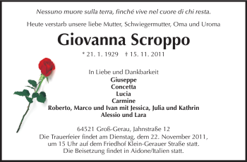 Traueranzeige von Giovanna Scroppo von Rüsselsheimer Echo, Groß-Gerauer-Echo, Ried Echo