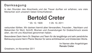 Traueranzeige von Bertold Creter von Darmstädter Echo, Odenwälder Echo, Rüsselsheimer Echo, Groß-Gerauer-Echo, Ried Echo