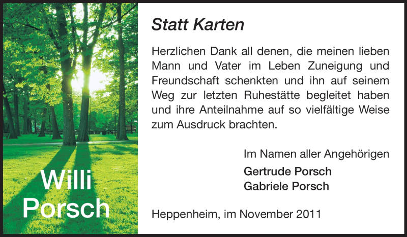  Traueranzeige für Willi Porsch vom 19.11.2011 aus Starkenburger Echo