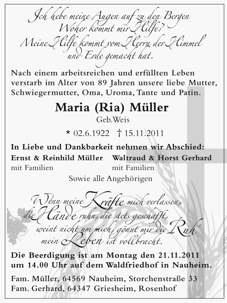  Traueranzeige für Maria Müller  vom 19.11.2011 aus Rüsselsheimer Echo, Groß-Gerauer-Echo, Ried Echo