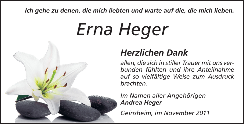  Traueranzeige für Erna Heger vom 21.11.2011 aus Rüsselsheimer Echo, Groß-Gerauer-Echo, Ried Echo