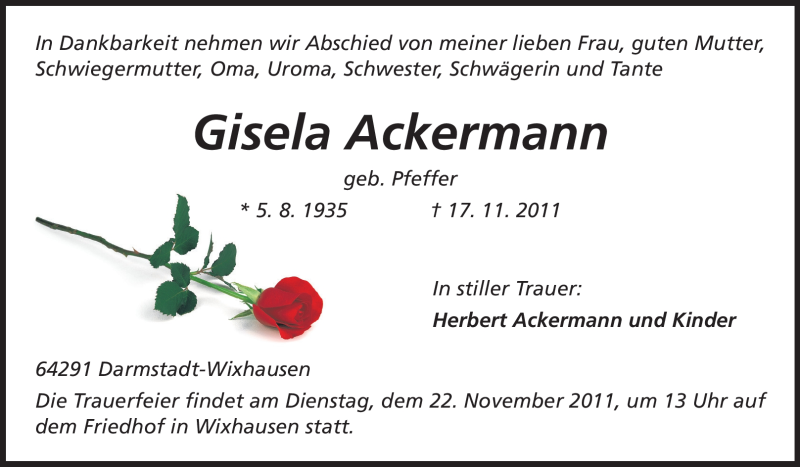  Traueranzeige für Gisela Ackermann vom 19.11.2011 aus Echo-Zeitungen (Gesamtausgabe)