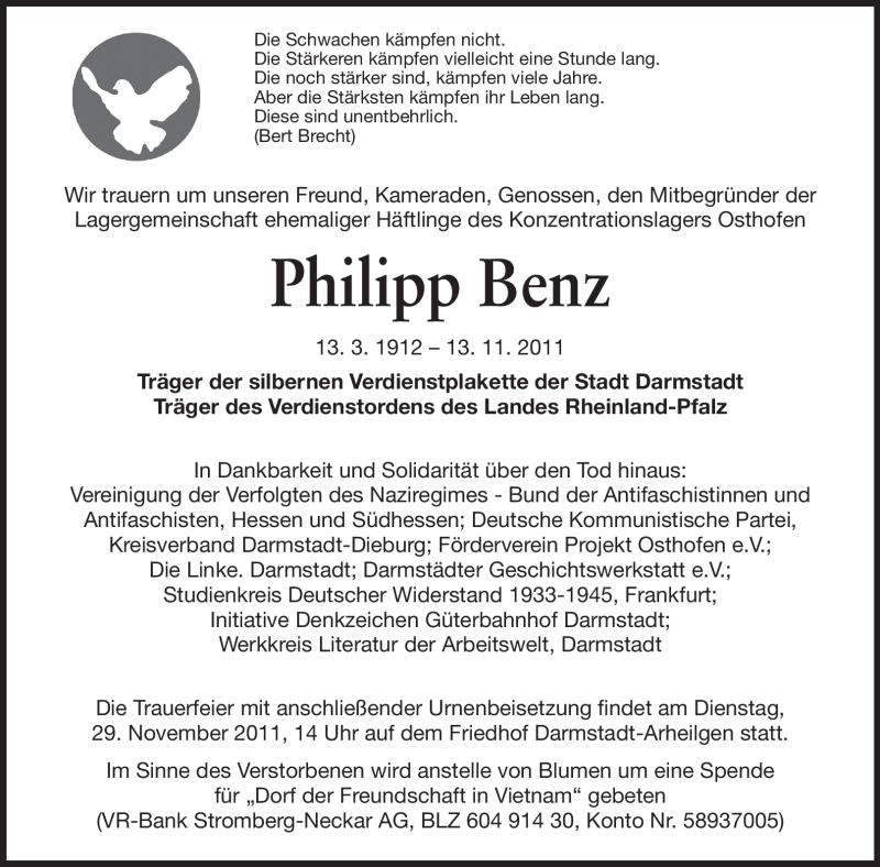  Traueranzeige für Philipp Benz vom 19.11.2011 aus Echo-Zeitungen (Gesamtausgabe)